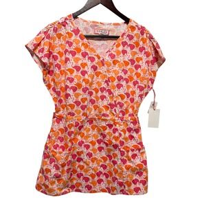 Koi Womens Scrub Top S Pink Orange Elephant Print Wrap Pocket Cotton Nursing